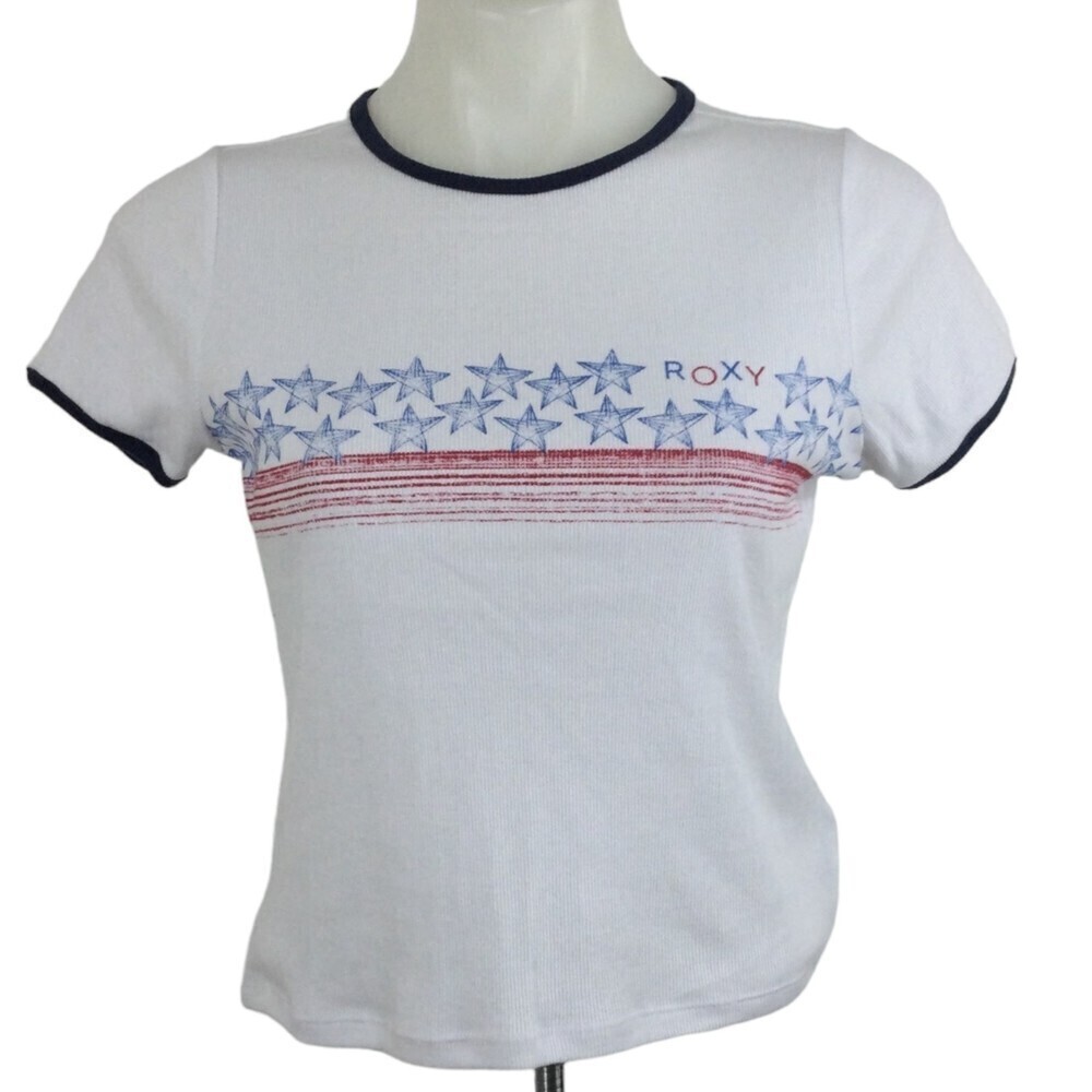 Roxy Americana Stars and Stripes Short Sleeve T-Shirt Top Bright White Small NWT